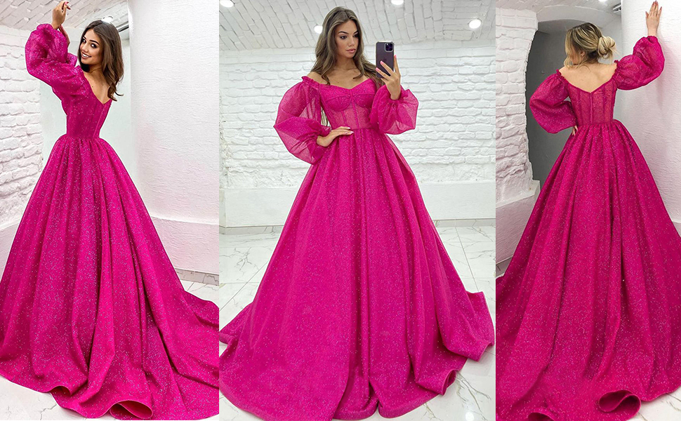 Off Shoulder Glitter Long Puffy Sleeves Prom Dresses 2022 for Women