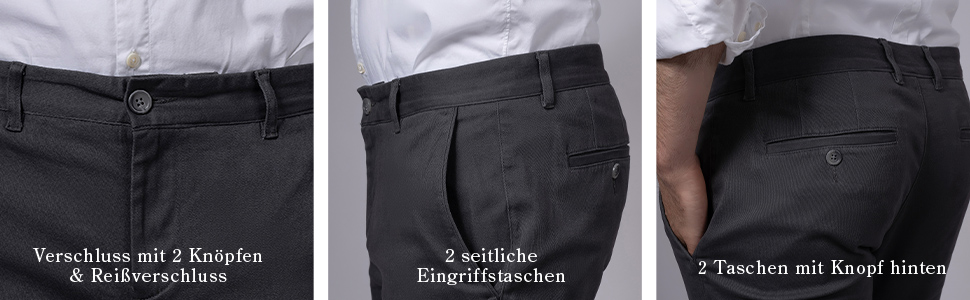 Details Hirschthal Herren Hose Chino Verschluss Reißverschluss Knopf seitliche eingriffstaschen 