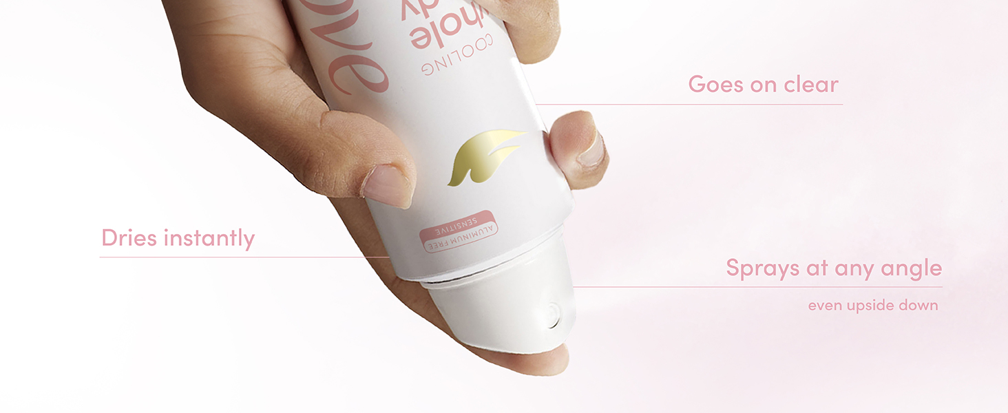 Dove Cooling Aluminum-Free Sensitive Deodorant Spray in a woman'shand, withtext highlightingbenefits