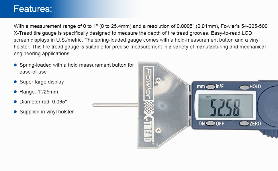 Fowler 542255000 XTread Tire Depth Gauge with 01"/25mm Measuring