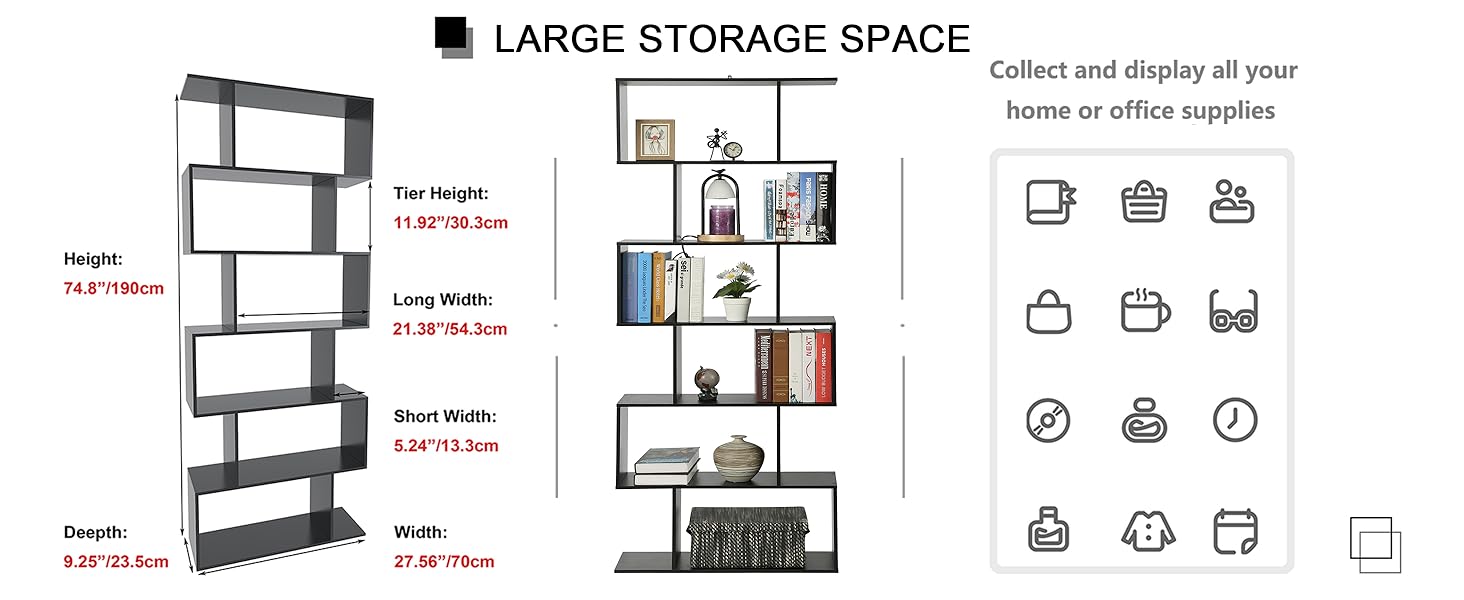 Yusong Bookshelf, Geometric Bookcase S Shaped Book Shelves Unit for