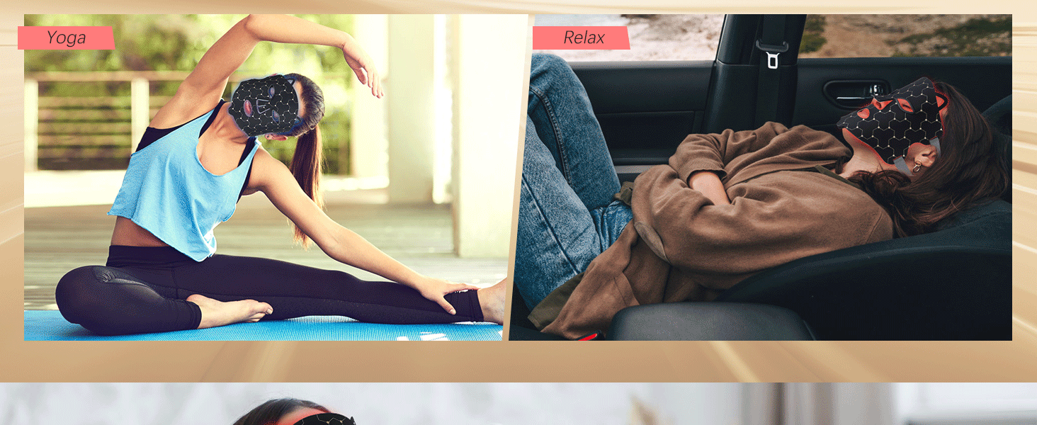 Imagen dividida que muestra a dos personas descansando: una en una colchoneta de yoga con la cámara y otra relajándose en el sofá.