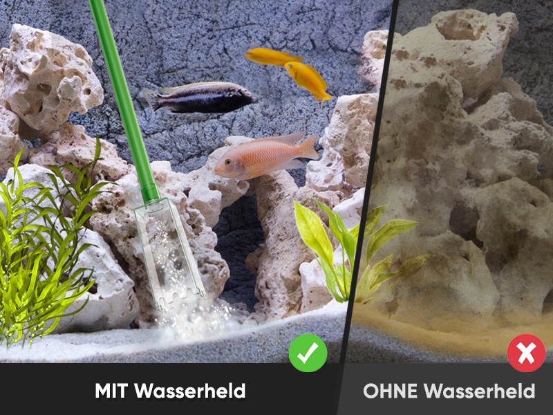 Aquarium-Vergleich: Links zeigt klares Wasser mit Fischen und Dekor. Rechts zeigt trübes Wasser. Die Texte „MIT Wasserheld“ und „OHNE Wasserheld“ weisen auf ein Produkt zur Wasseraufbereitung hin