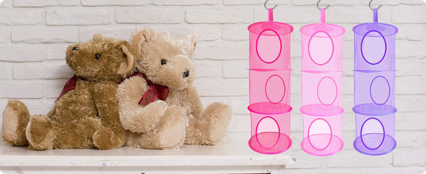 LIVEHITOP 3PC Toys Storage Hanging Mesh Basket Chest, Soft Teddy