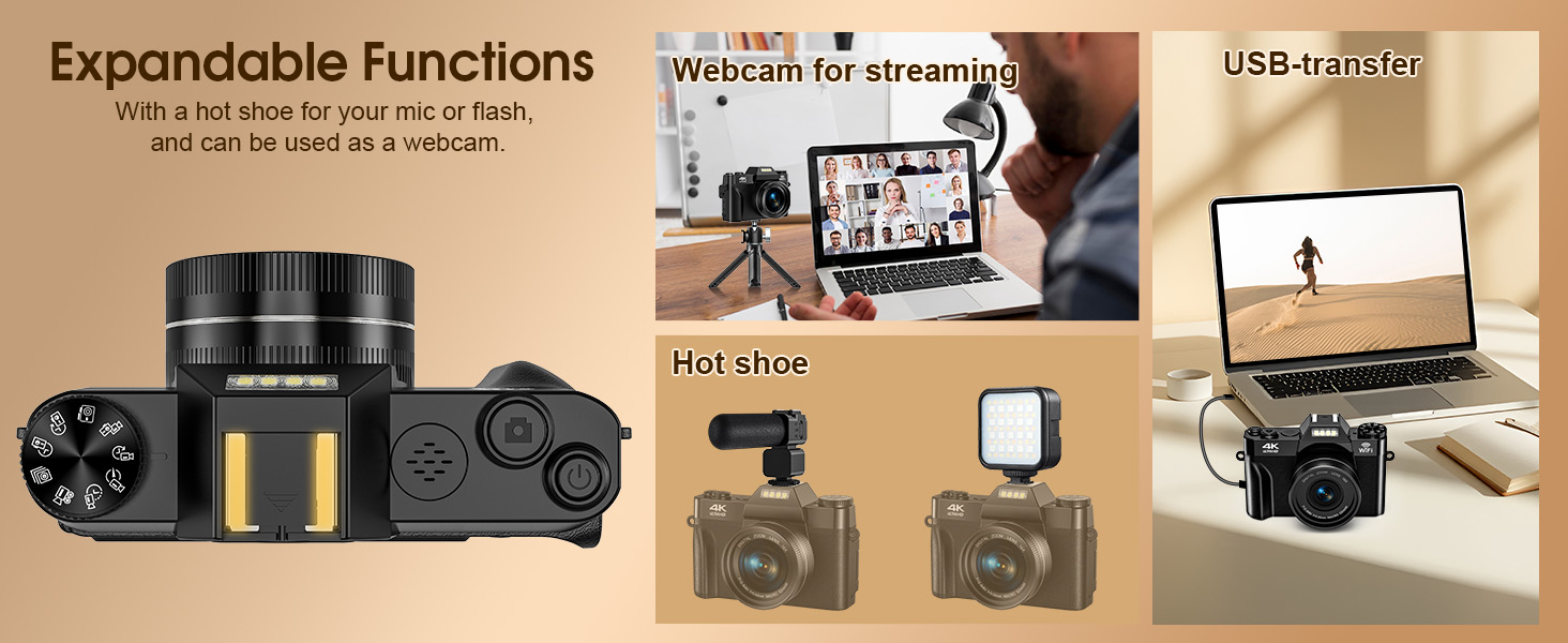 Ein horizontales Werbebanner mit mehreren technischen Produktbildern, darunter Kameraausrüstung, elektronische Geräte und Zubehör, die in einer Reihe vor einem beigen Hintergrund angeordnet sind.