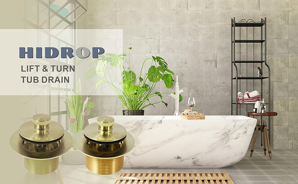 HIDROP Gold Brushed tub Drain Lift &Turn Tub Trim Set with TwoHole