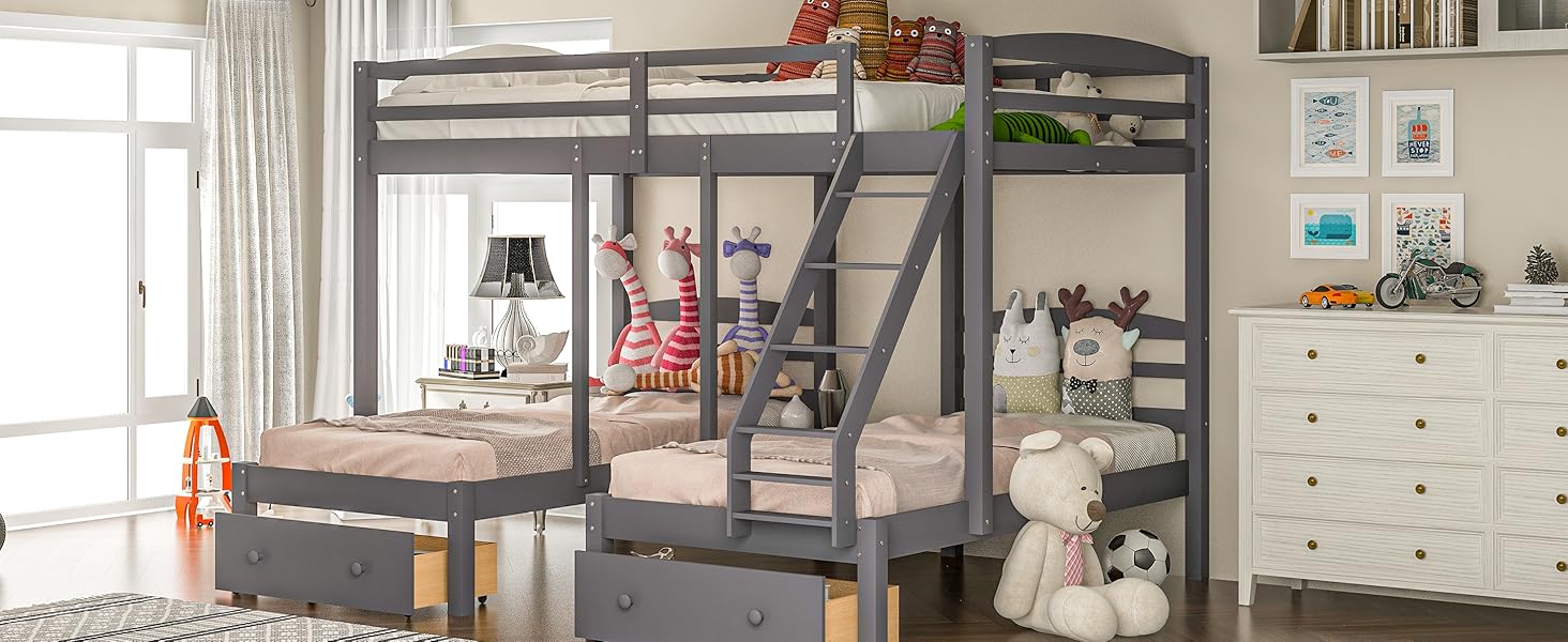 Full Over Twin & Twin Bunk Bed,Triple Bunk Bed with Drawers