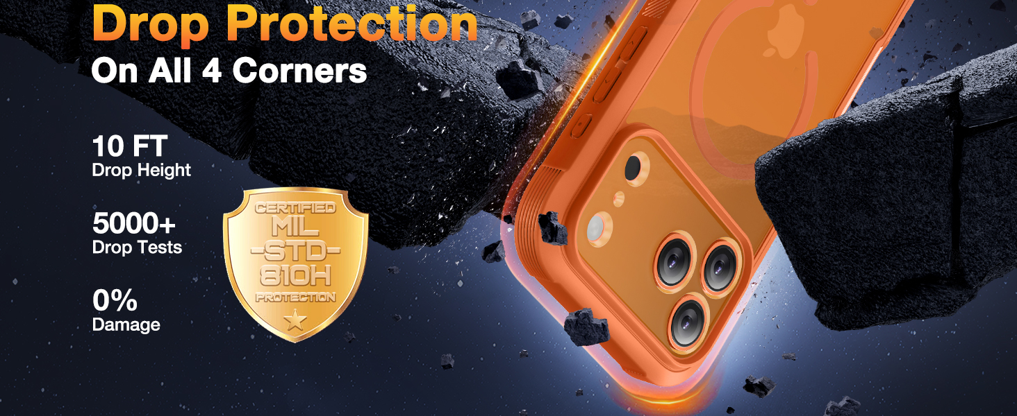 Text reads 'Drop Protection On All 4 Corners'. Product marketing image showing device corner protection features with highlighted orange protective elements at 10 ft drop height.