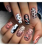 Square Press on Nails Short Fake Nails with Designs Leopard Glue on Nails Nude Brown Acrylic Fals...