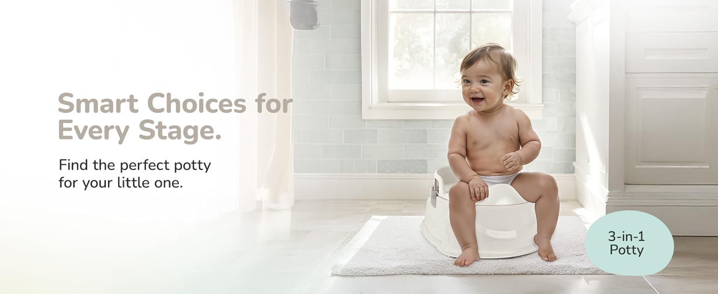 Text Reads: "Smart Choices for Every Stage." – baby smiling while sitting on white potty