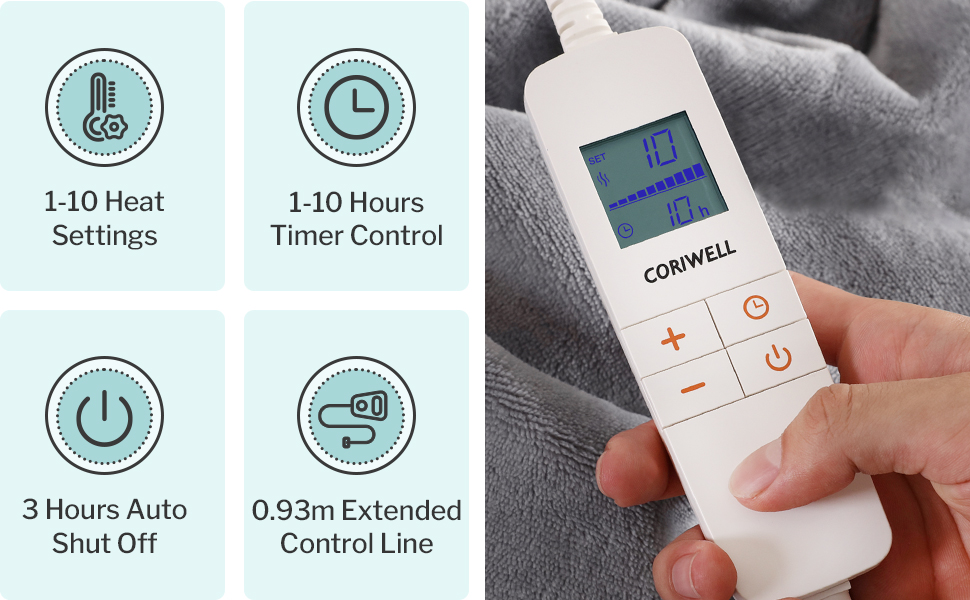 CORIWELL Electric Blanket Heated Throw 160 x 120cm Flannel Heated