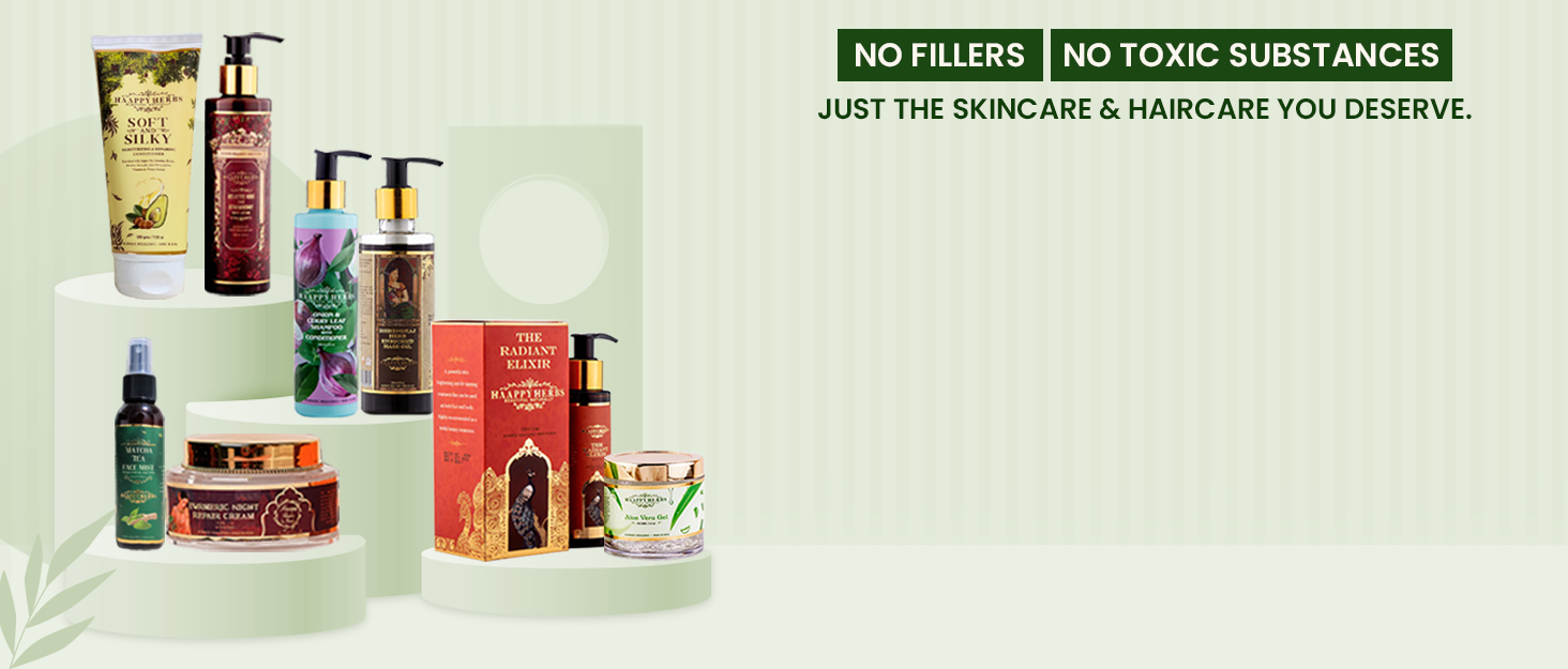 range of haappy herbs skin care & hair care products showcased all together