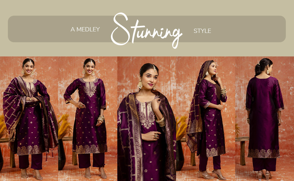 VredeVogel Women's Cotton Silk Blend Zari Work Kurta Pant Set with Jacquard Silk Dupatta