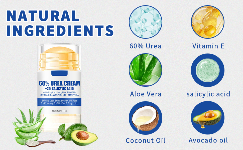 The cream contains urea, aloe vera, salicylic acid, and avocado oil.