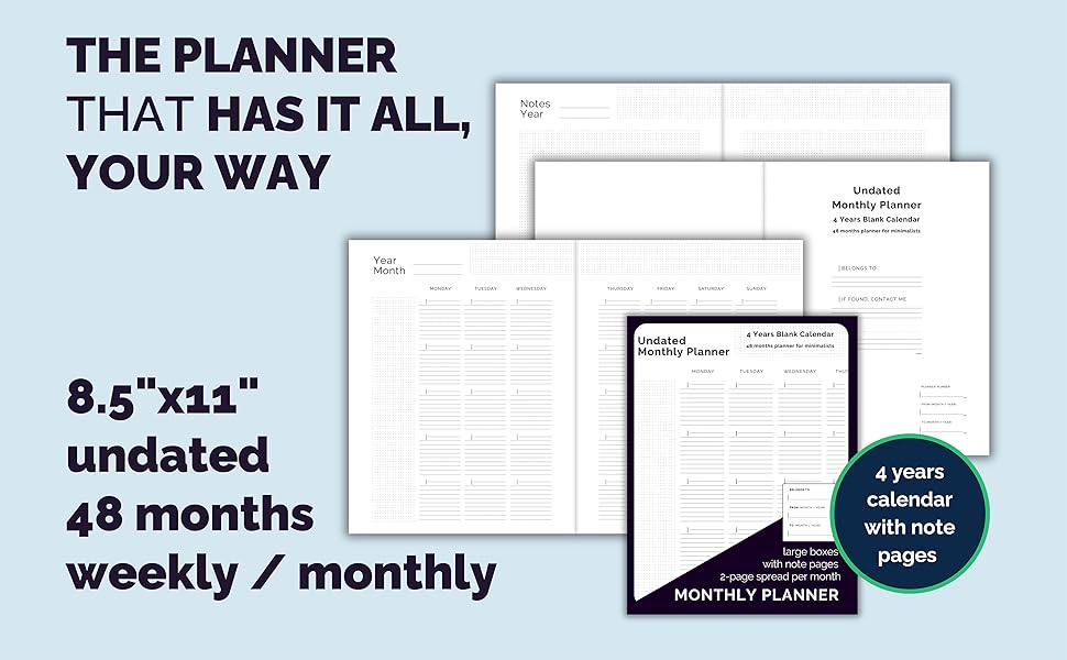 Monthly Planner Undated Planner with Lines Large Agenda