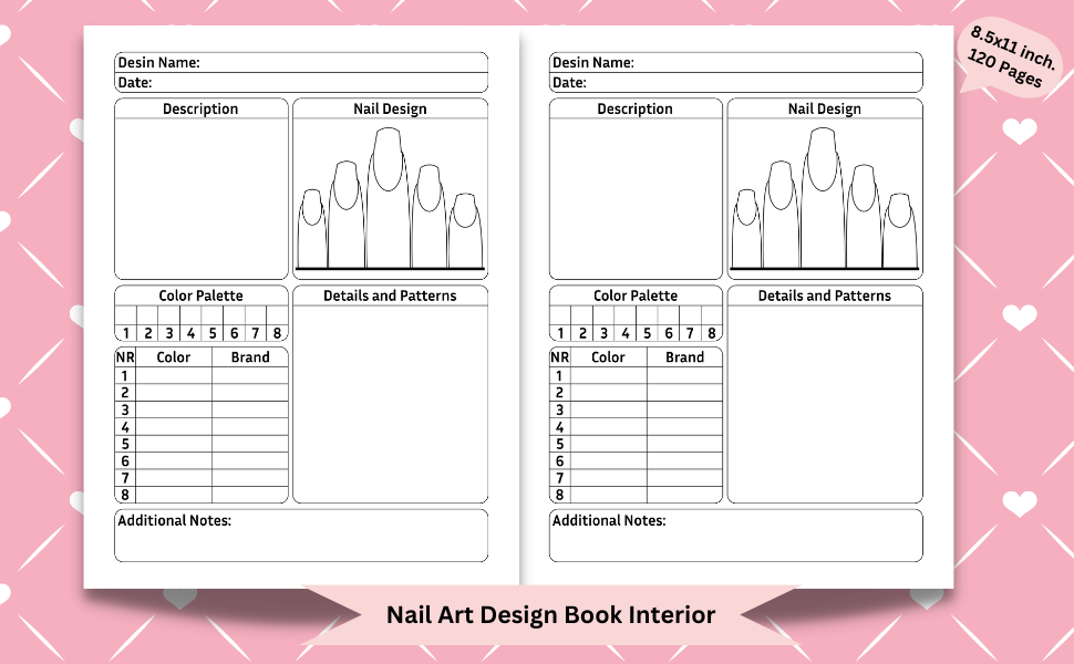 Nail Art Design Book contains extensive 8.5" x 11" nail form templates