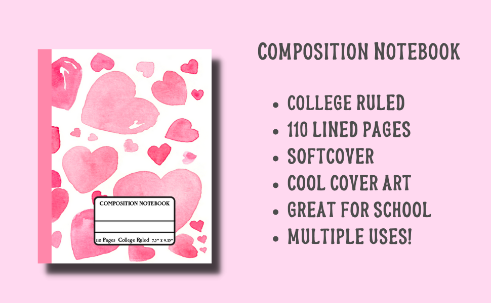 College Ruled Composition Notebook Pink Watercolor Hearts Painting