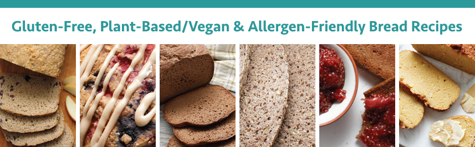Six photos of different kinds of gluten-free, vegan and allergen-friendly bread recipes.