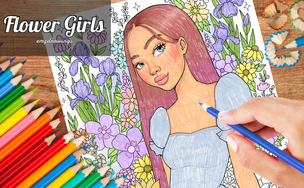 Flower Girls Coloring Book For Adults and Teens Featuring Unique