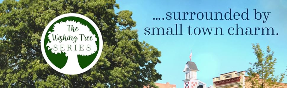 Image of a tree top, sky, and rooftops with text ...surrounded by small town charm.