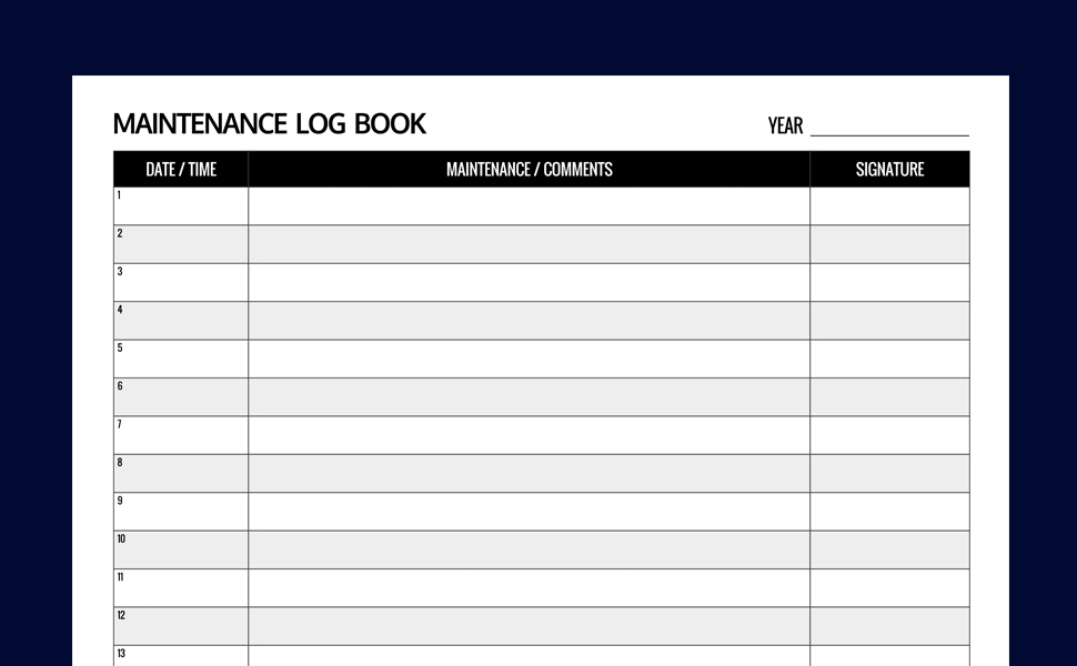 Maintenance log book, Maintenance record log book, Service record log
