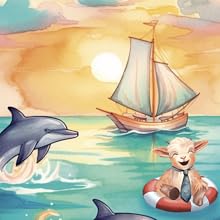 Goat wearing a lifesaver floating in the ocean with dolphins jumping out of the water around him.