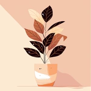A minimalist illustration of a potted plant with dark and light leaves against a beige background.