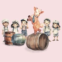Billy the Goat balancing on a barrel surrounded by kid sailors.