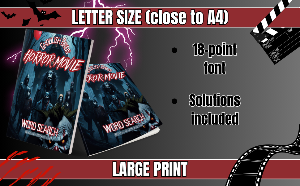 GRAY BACKGROUND WITH HORROR MOVIE WORD SEARCH BOOK ON THE LEFT