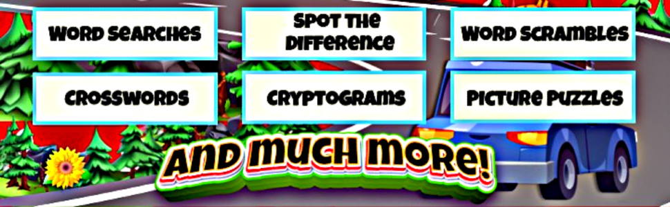 picture puzzles, word scrambles and searches, spot the difference, cryptograms for 9 to 12 year olds