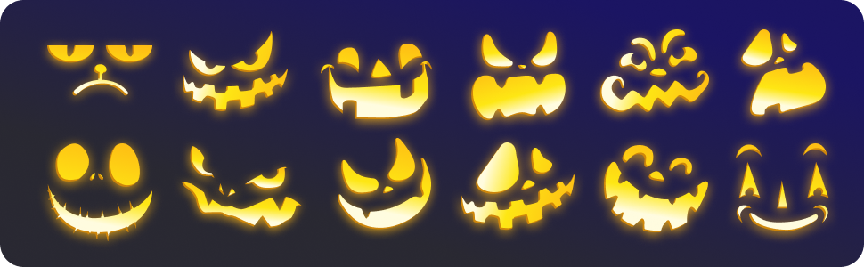 Glowing jack-o-lantern faces showing sad, happy, angry, creepy, mean, and scared expressions.