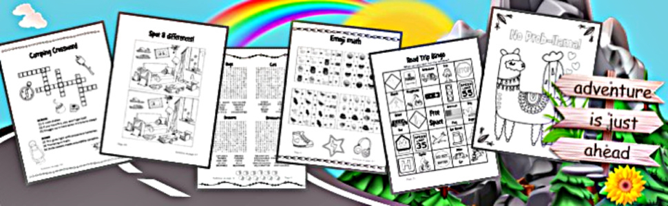 crossword, word search, emoji math, road trip puzzles for 9 to 12 year olds,