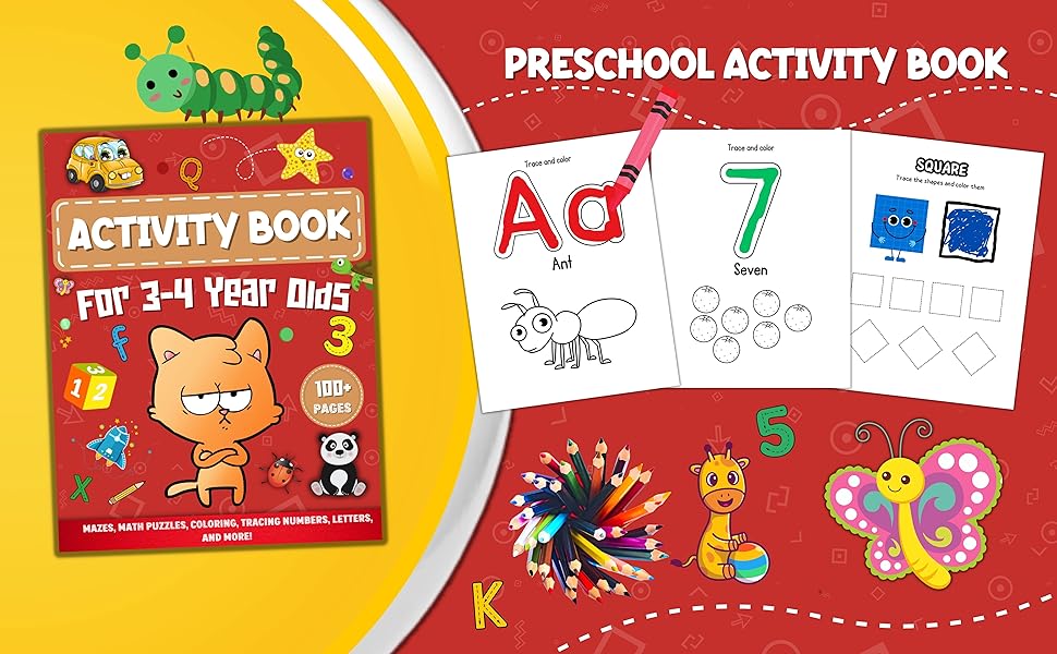 Activity Book For 34 Year Olds Mazes, Math Puzzles, Coloring, Tracing