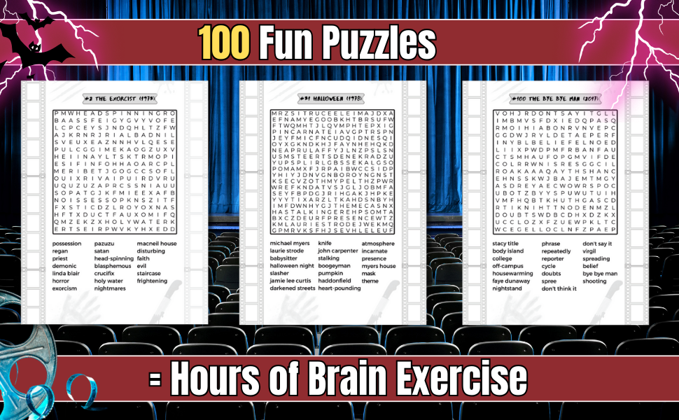 blue cinema background with 3 pages example of inside of word search book