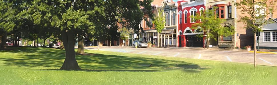 Image of a big tree, a green lawn, and a small town commercial street