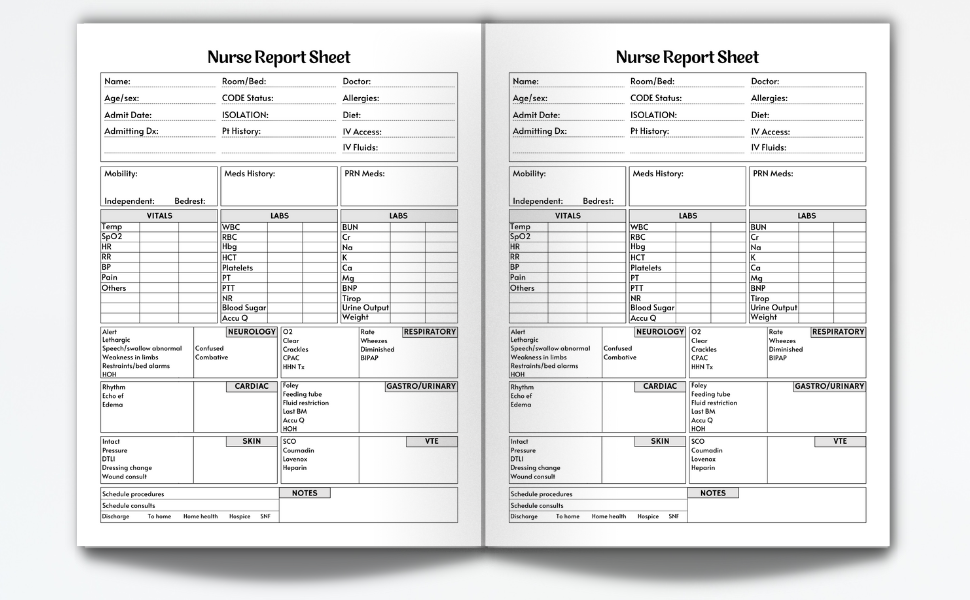 Nurse Report Sheet Medical Care Notebook for Patient Assessment on