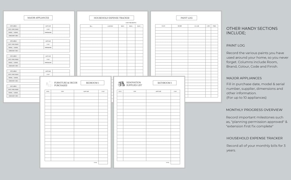 paint, log, appliance, tracker, serial, important, details, bills, expenses,