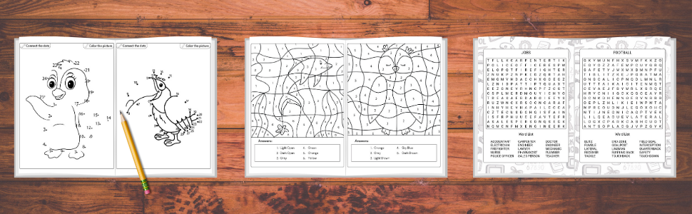 Dot to Dot Puzzles, Color by Numbers and Word Search for kids