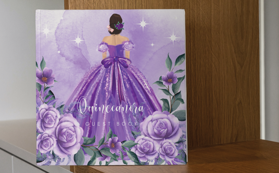 Quinceanera Guest Book Purple Gown & Floral Designs for 15 Year Old