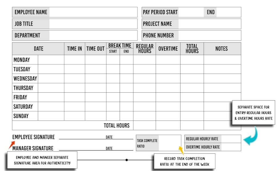 Weekly Time Sheet Log Book Daily Work Hours Log for Employees