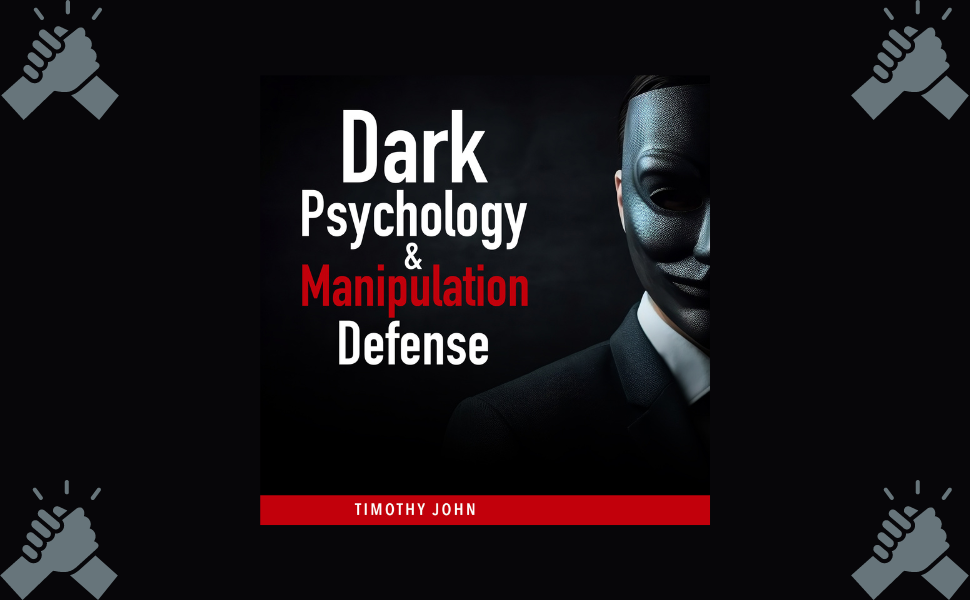 A dark background a masked suited person, halved at books edge. White text Manipulation in red.