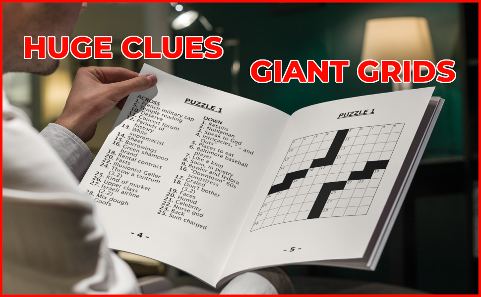 Man looking at crossword clues and grid