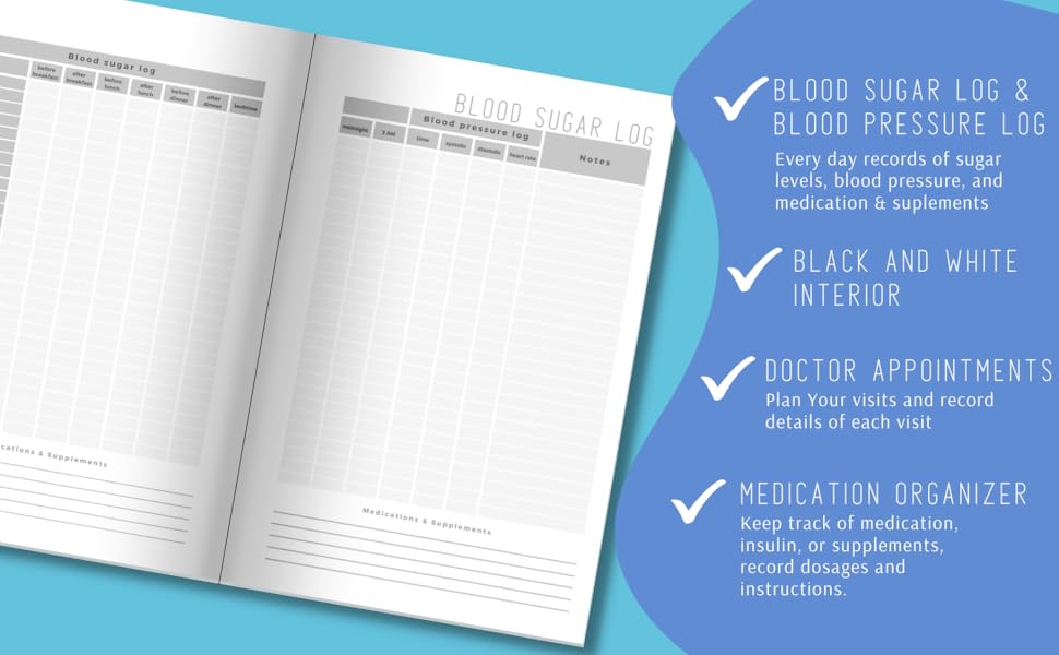 Diabetes Journal, log book for type 2 For Tracking Blood Sugar and Blood pressure level