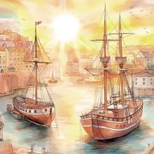 Sun rising over a busy harbour with large sailboats anchored.