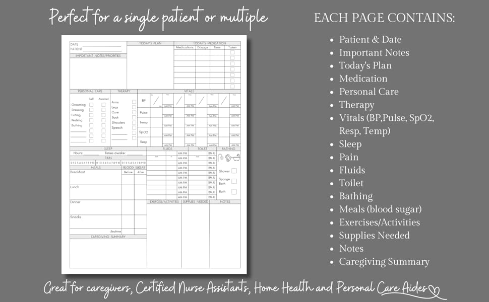 log page showing vitals, meals, medication, personal care, therapy and more