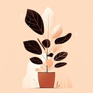 A minimalist illustration of a potted plant with dark and light leaves against a beige background.