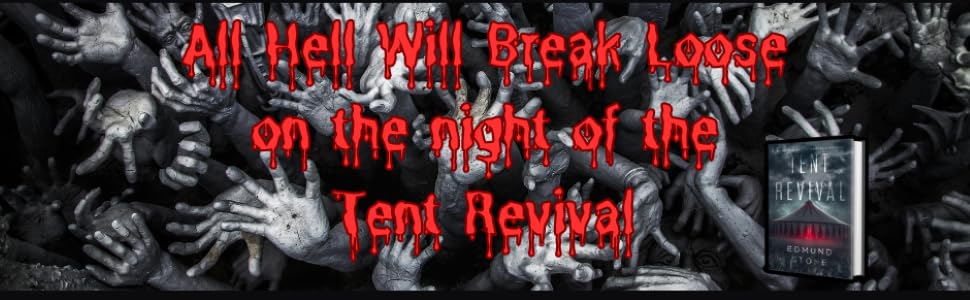 gray background of zombie hands reaching out and red letters dripping blood over them