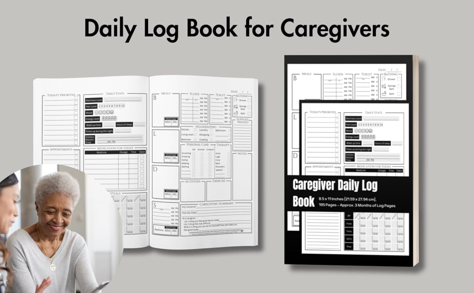 Caregiver Daily Log Book Care Log Journal, Record Daily Needs, Monitor Vitals, Meds, and More
