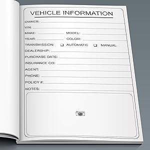 Vehicle information page includes VIN, Make, Model, Year, Transmission, Dealership, Insurance, etc