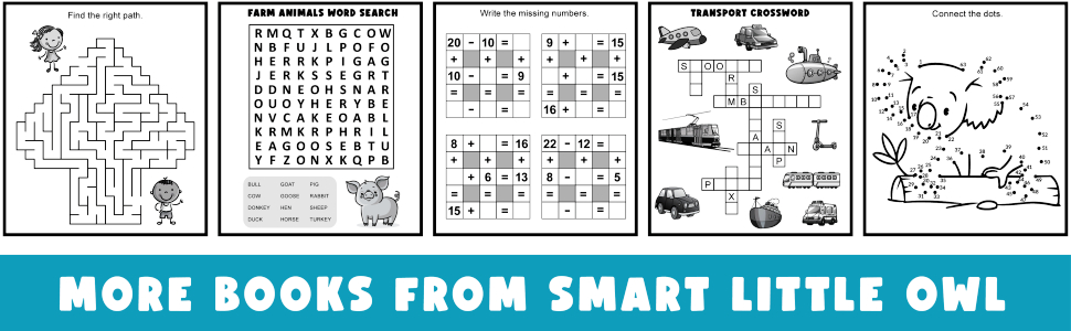 Activity Book For 6-7 Year Olds: Mazes, Word Searches, Maths Puzzles, Find the Differences, and Many More! 5 Example pages from Activity Book For 6-7 Year Olds with maze, word search, dot to dot, maths puzzle